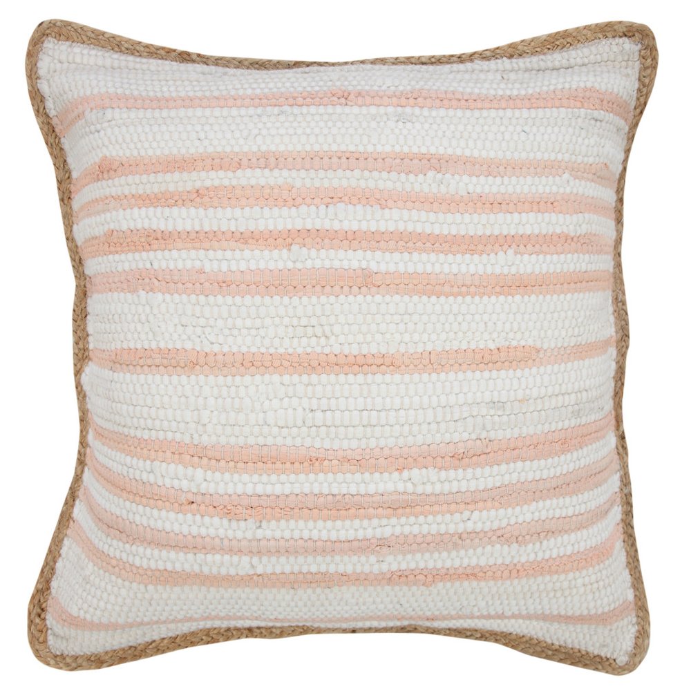 20" Pink And White Beach Striped Cotton Blend Throw Pillow Cover with Texture