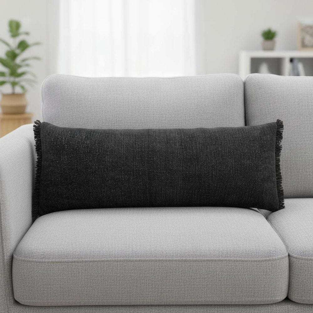14" X 36" Black Lumbar Cotton Throw Pillow Cover