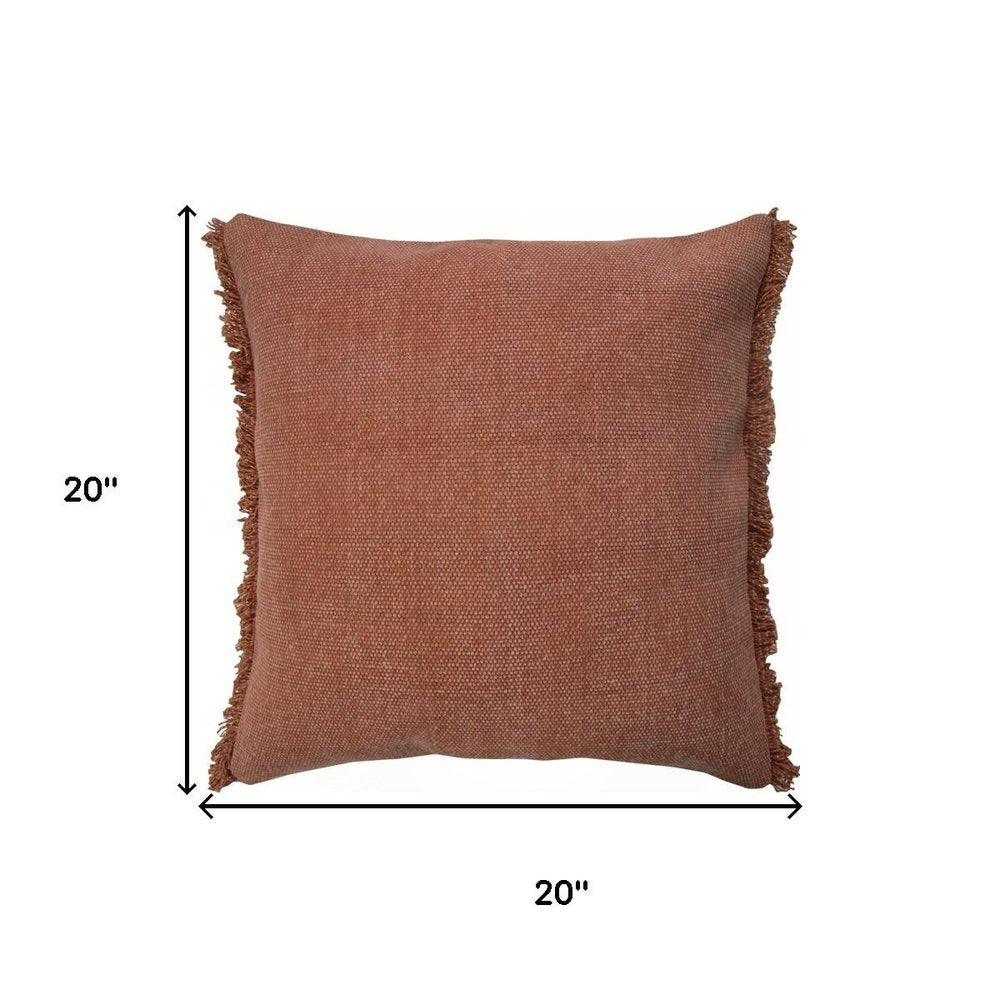 20" Brown Cotton Throw Pillow Cover with Fringe