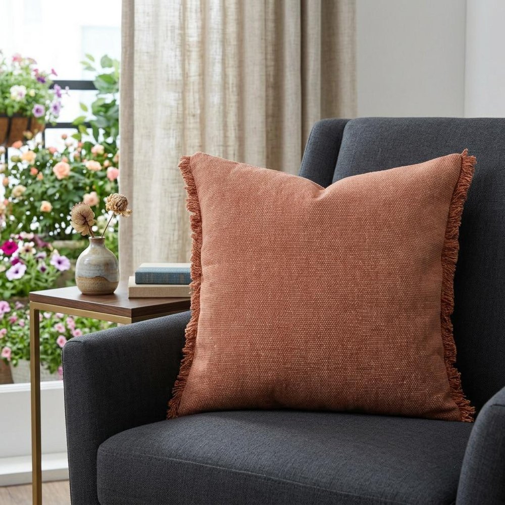 20" Brown Cotton Throw Pillow Cover with Fringe