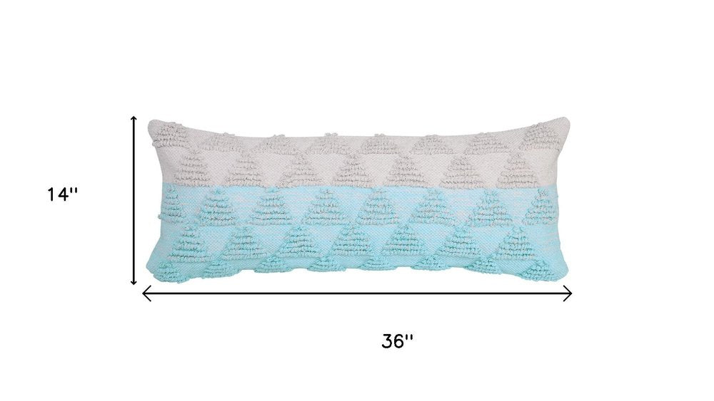 14" X 36" Blue And White Lumbar Geometric Cotton Throw Pillow Cover with Texture