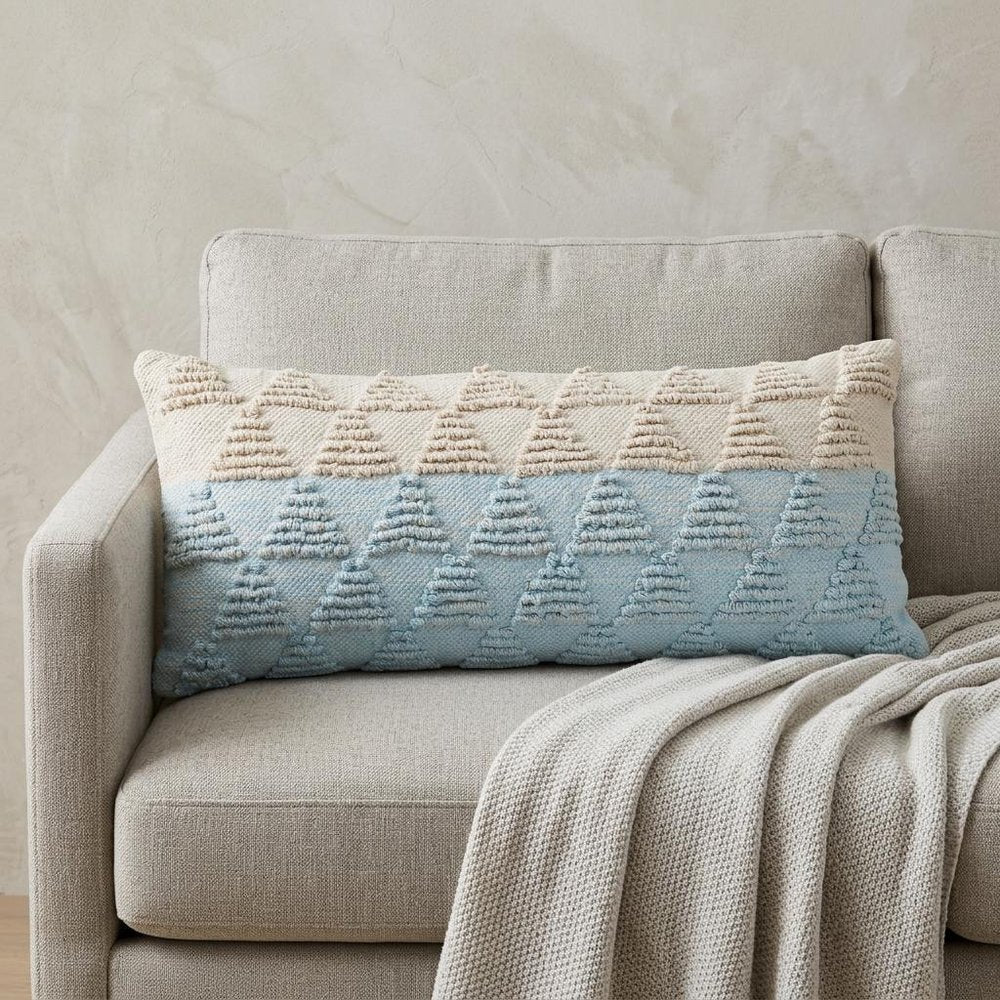 14" X 36" Blue And White Lumbar Geometric Cotton Throw Pillow Cover with Texture