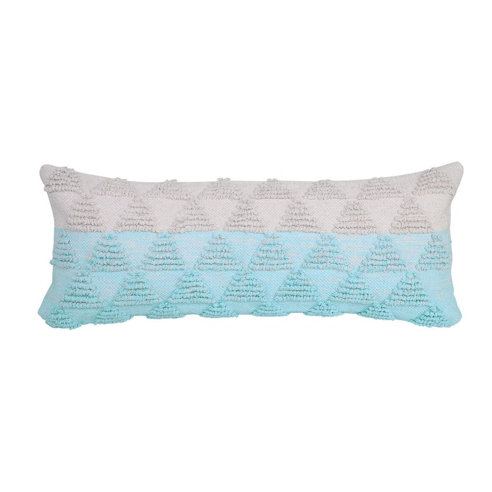 14" X 36" Blue And White Lumbar Geometric Cotton Throw Pillow Cover with Texture