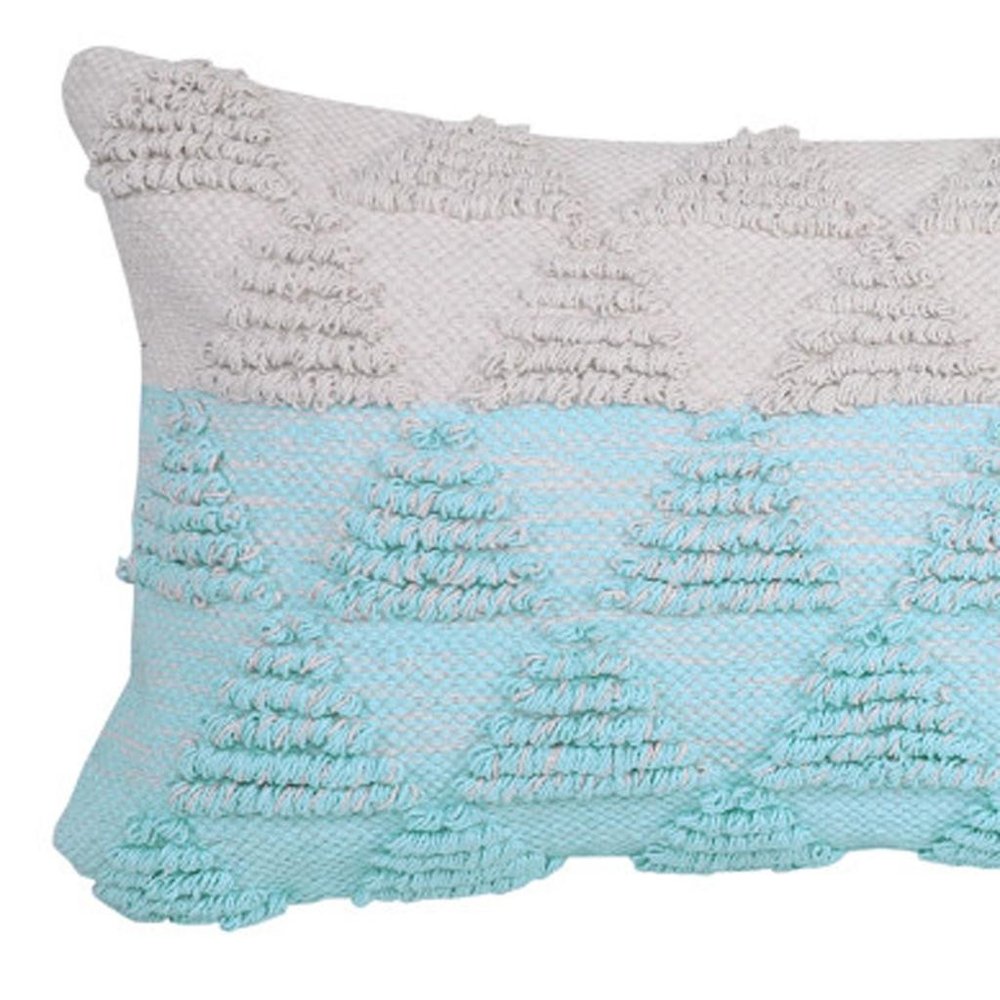 14" X 36" Blue And White Lumbar Geometric Cotton Throw Pillow Cover with Texture
