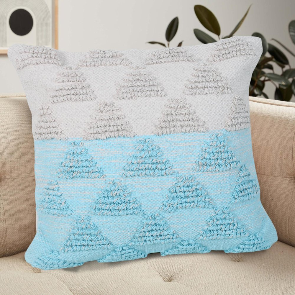 20" Blue And White Geometric Cotton Throw Pillow Cover with Texture