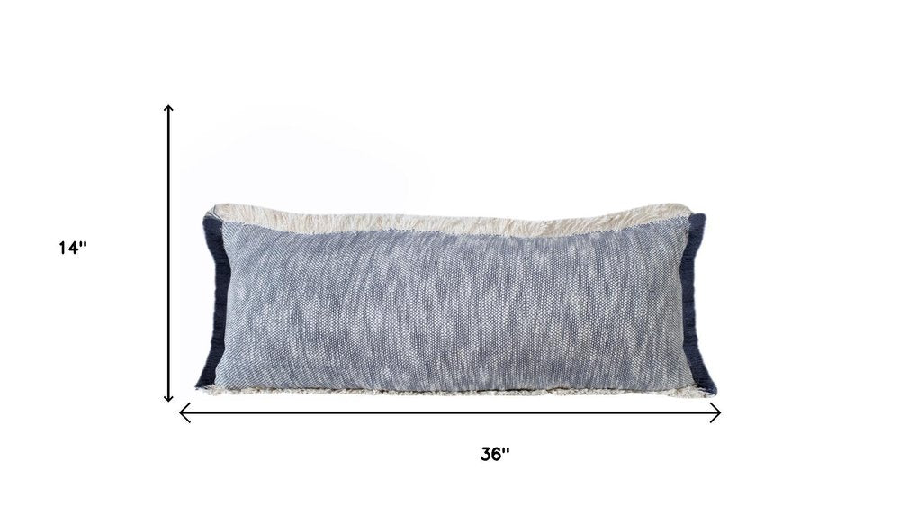 14" X 36" Blue And Beige Lumbar Cotton Throw Pillow Cover