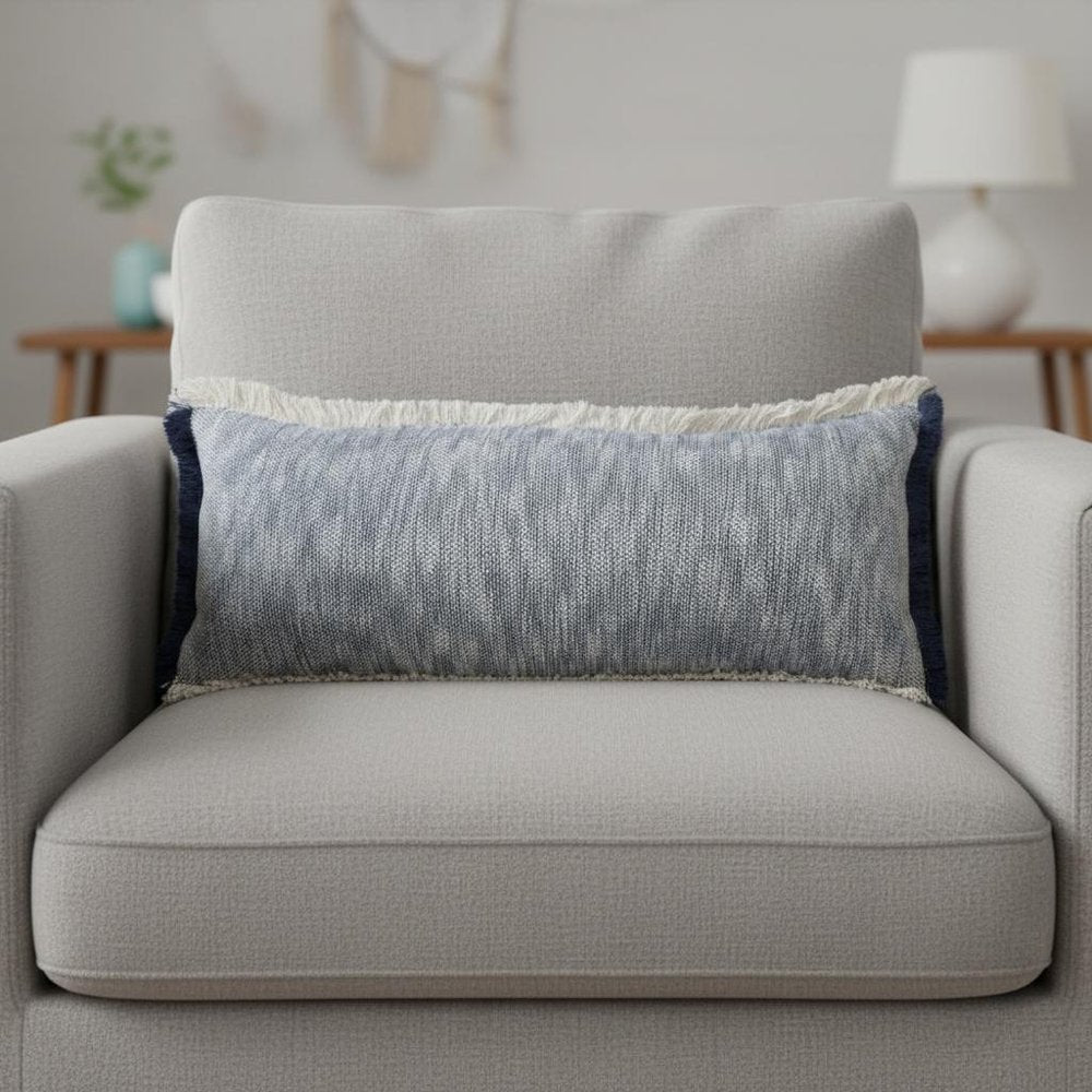 14" X 36" Blue And Beige Lumbar Cotton Throw Pillow Cover