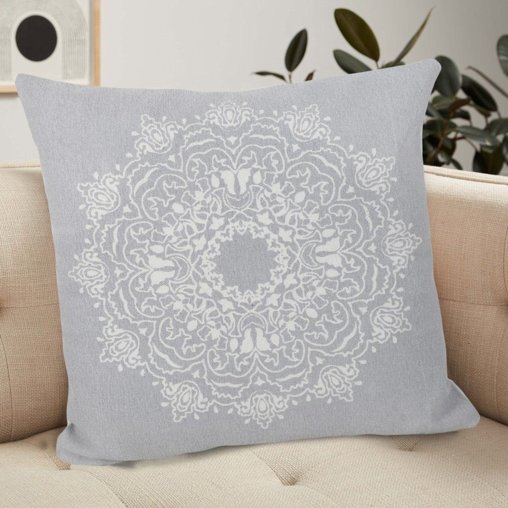 20" Gray And White Medallion Cotton Throw Pillow Cover