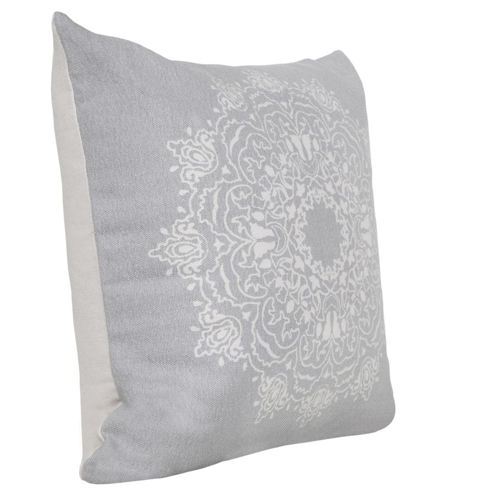 20" Gray And White Medallion Cotton Throw Pillow Cover