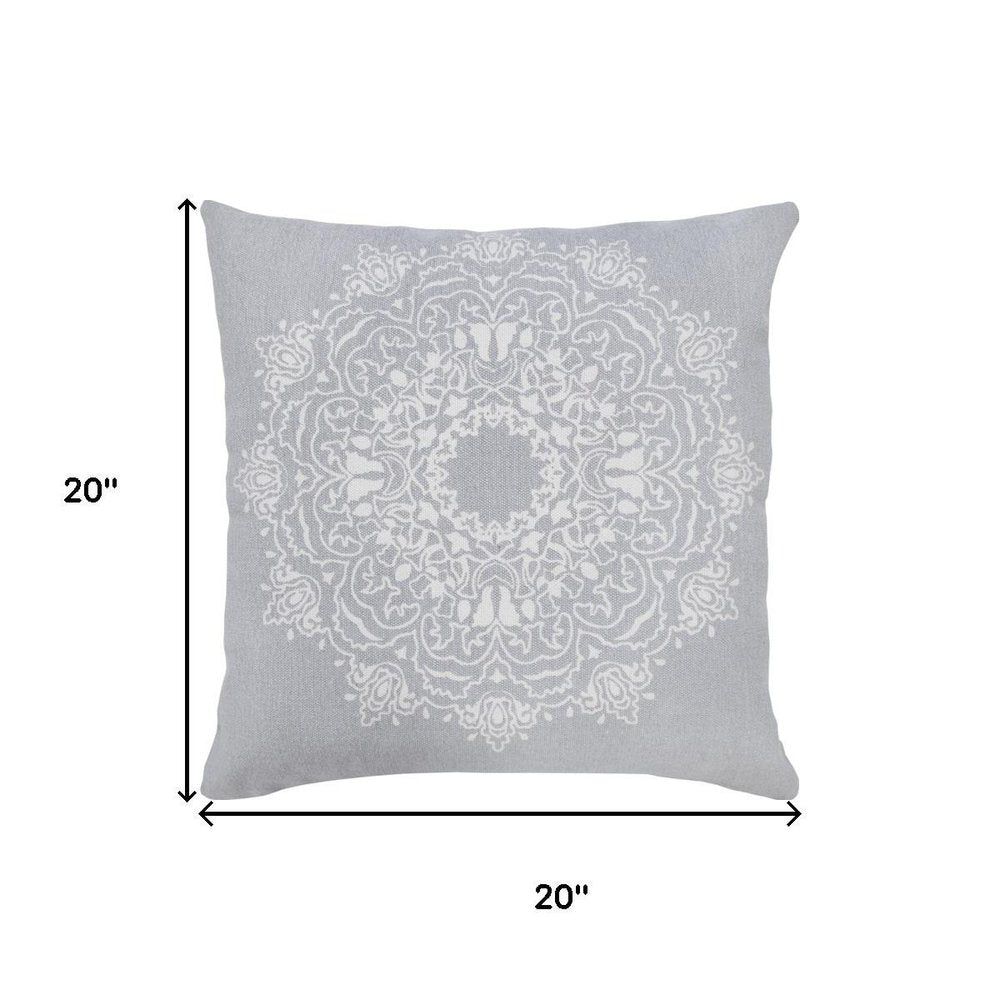 20" Gray And White Medallion Cotton Throw Pillow Cover