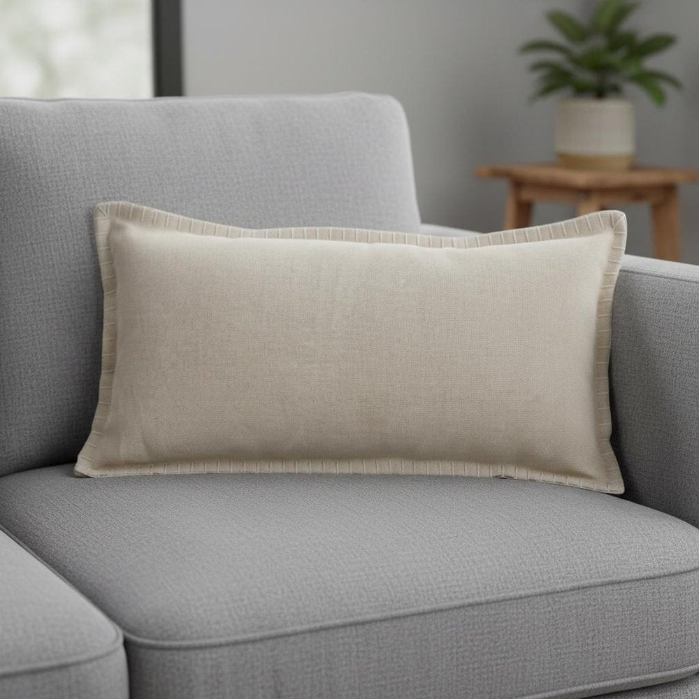 14" X 36" Beige Lumbar Cotton Throw Pillow Cover