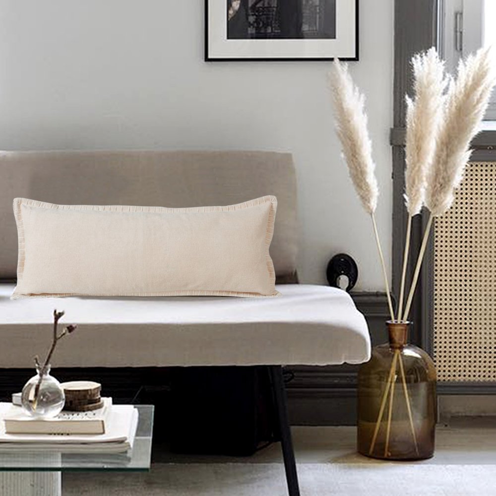 14" X 36" Beige Lumbar Cotton Throw Pillow Cover