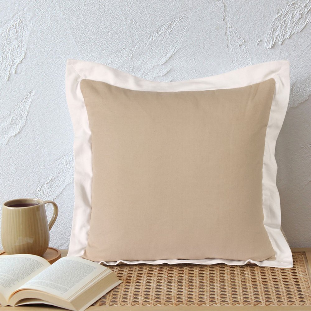 20" Beige And White Color Block Cotton Throw Pillow Cover