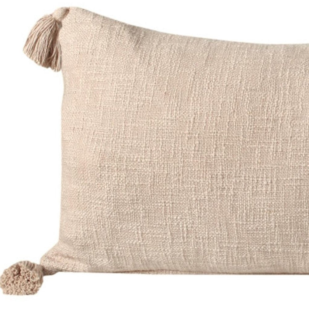 14" X 36" Beige Lumbar Cotton Throw Pillow Cover