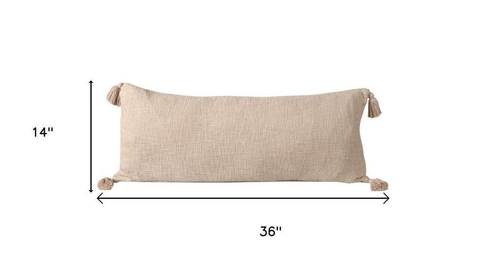 14" X 36" Beige Lumbar Cotton Throw Pillow Cover