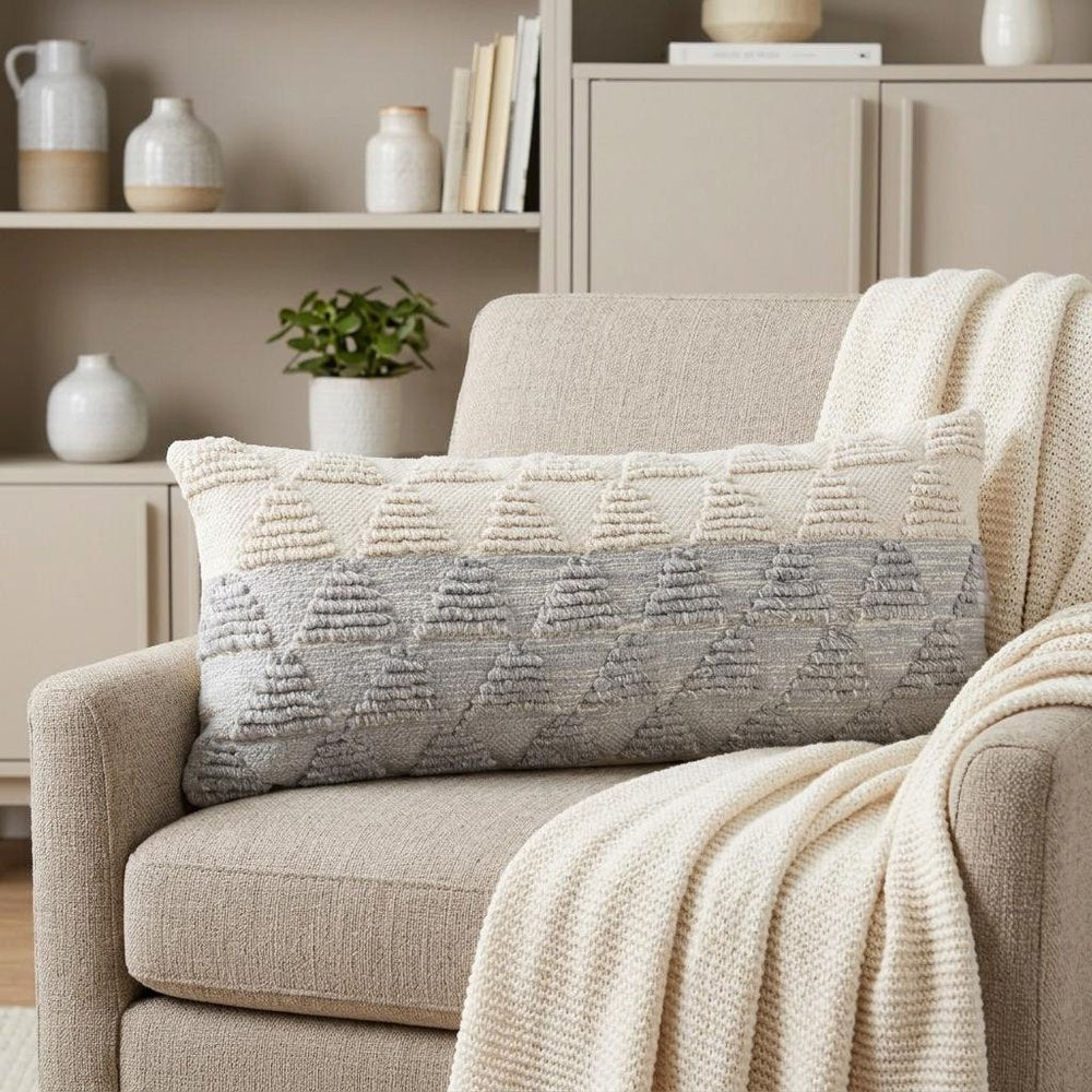 14" X 36" Gray And White Lumbar Geometric Cotton Throw Pillow Cover with Texture