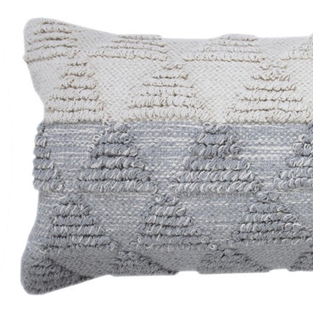 14" X 36" Gray And White Lumbar Geometric Cotton Throw Pillow Cover with Texture