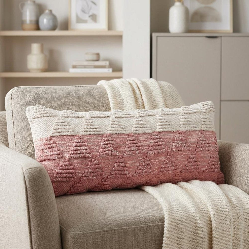 14" X 36" Pink And White Lumbar Geometric Cotton Throw Pillow Cover with Texture