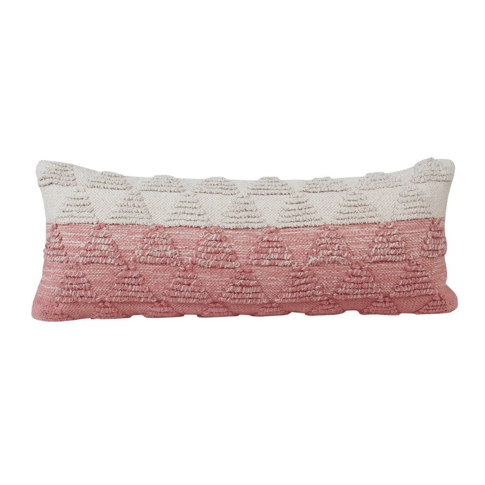 14" X 36" Pink And White Lumbar Geometric Cotton Throw Pillow Cover with Texture