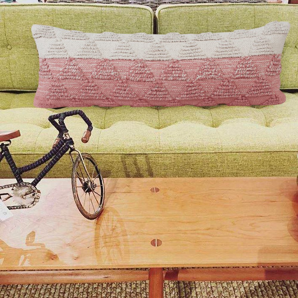 14" X 36" Pink And White Lumbar Geometric Cotton Throw Pillow Cover