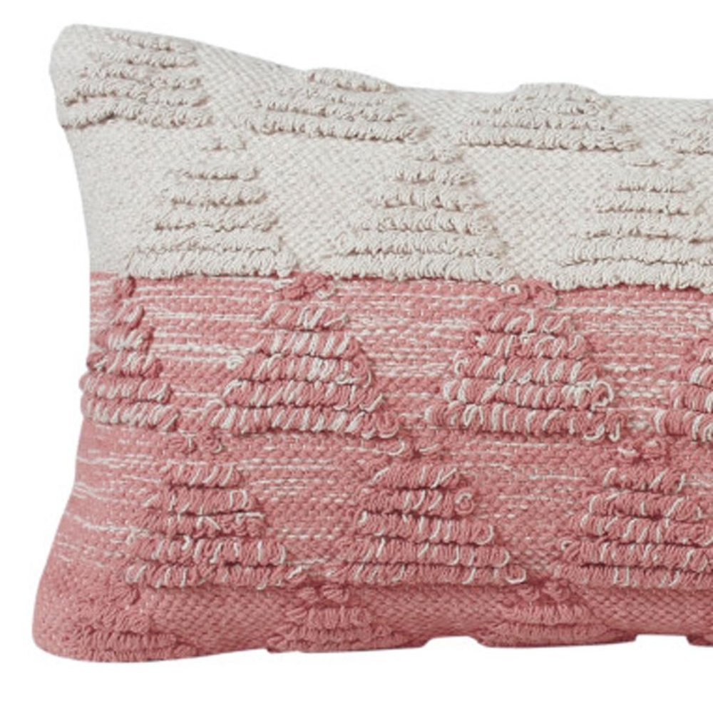 14" X 36" Pink And White Lumbar Geometric Cotton Throw Pillow Cover with Texture