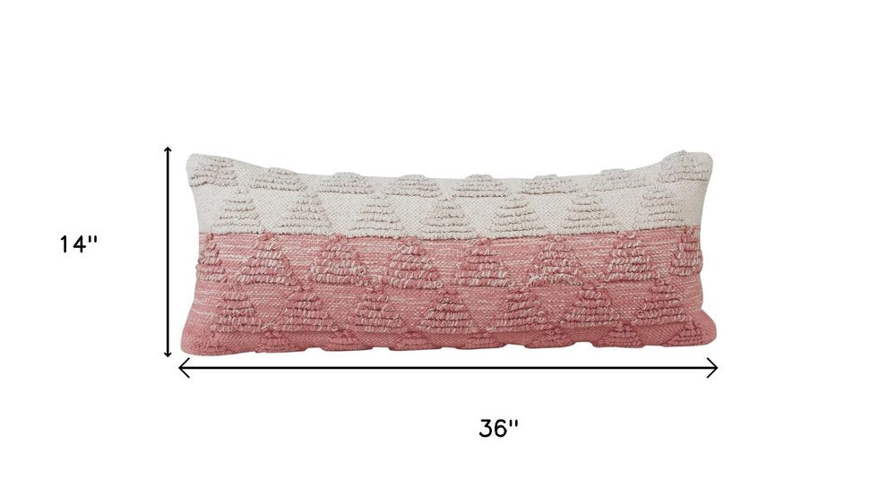 14" X 36" Pink And White Lumbar Geometric Cotton Throw Pillow Cover with Texture