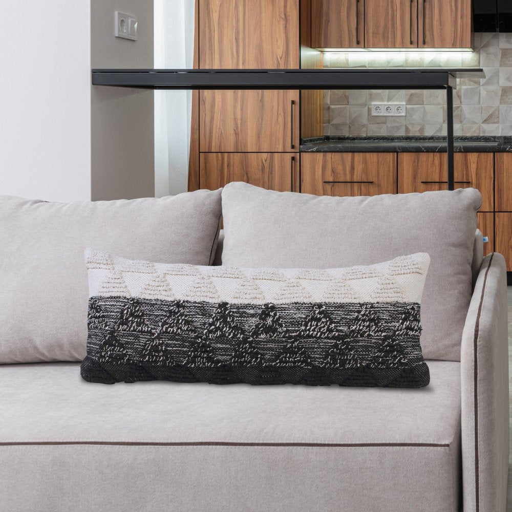 14" X 36" Black And White Lumbar Geometric Cotton Throw Pillow Cover