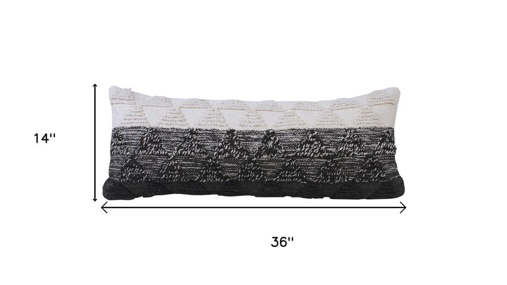14" X 36" Black And White Lumbar Geometric Cotton Throw Pillow Cover with Texture