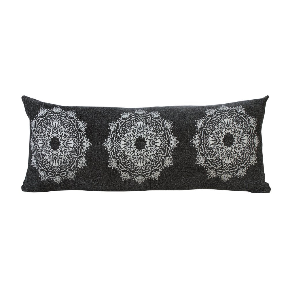 14" X 36" Black And White Lumbar Medallion Cotton Throw Pillow Cover