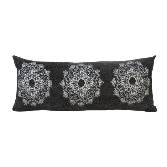 14" X 36" Black And White Lumbar Medallion Cotton Throw Pillow Cover