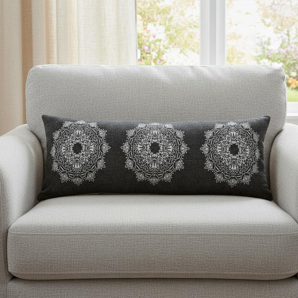14" X 36" Black And White Lumbar Medallion Cotton Throw Pillow Cover