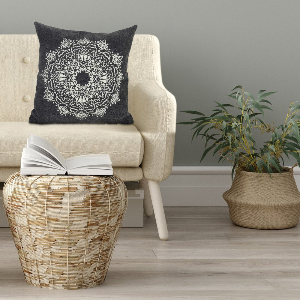 20" Black And White Medallion Cotton Throw Pillow Cover