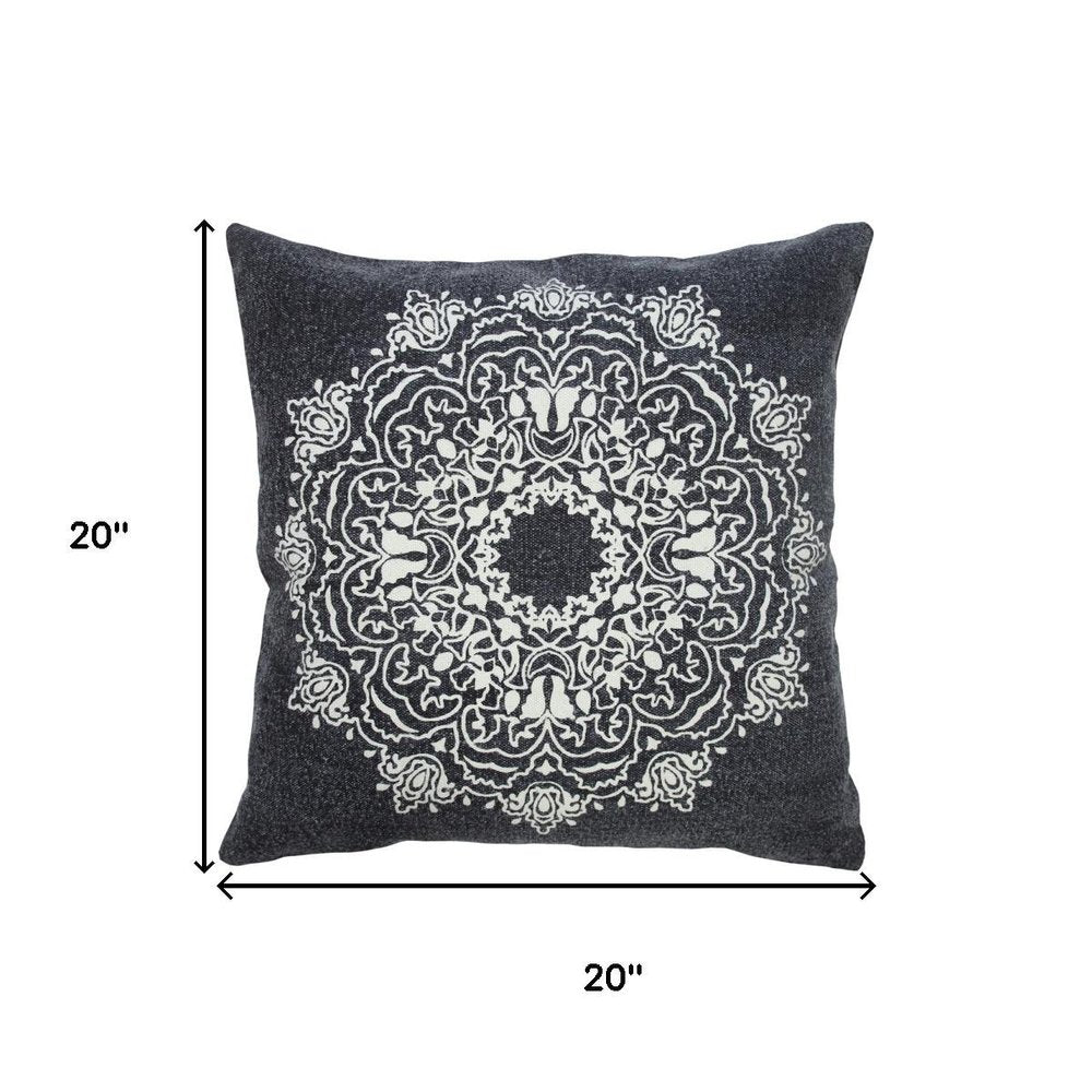 20" Black And White Medallion Cotton Throw Pillow Cover