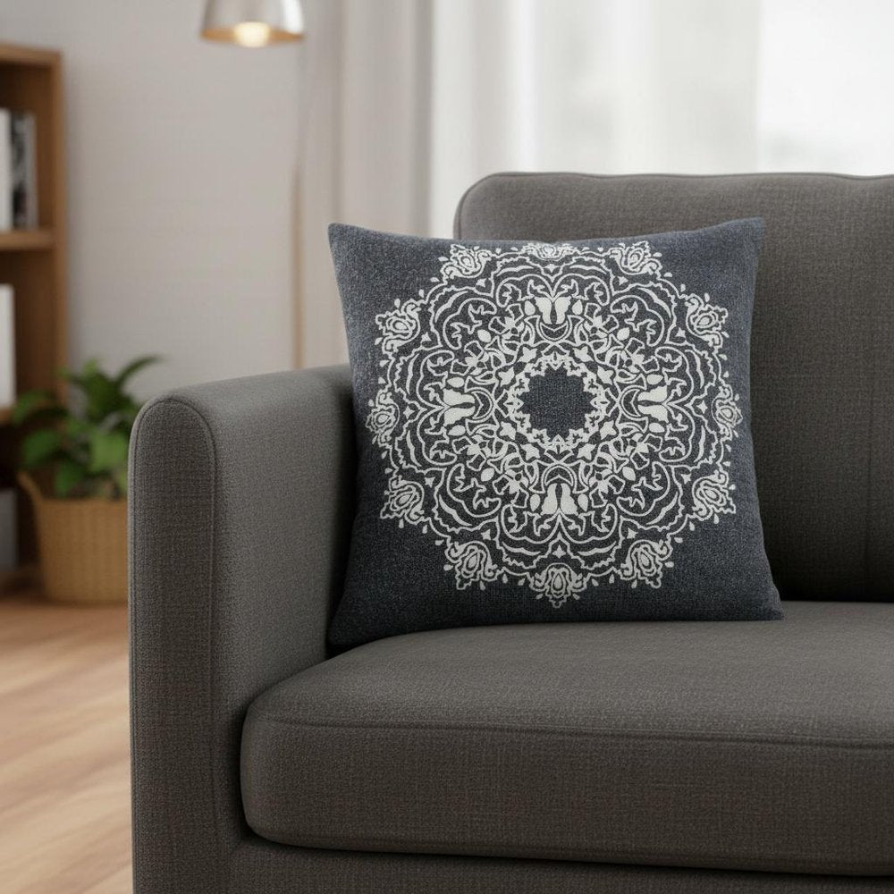 20" Black And White Medallion Cotton Throw Pillow Cover