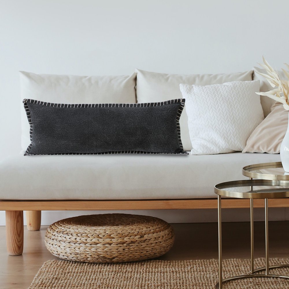 14" X 36" Black Lumbar Cotton Throw Pillow Cover