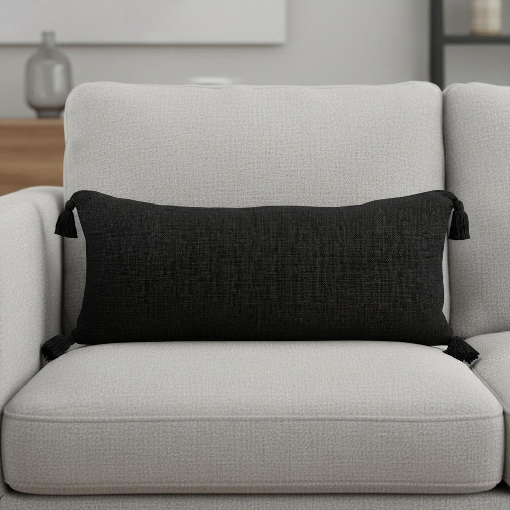 14" X 36" Black Lumbar Cotton Throw Pillow Cover