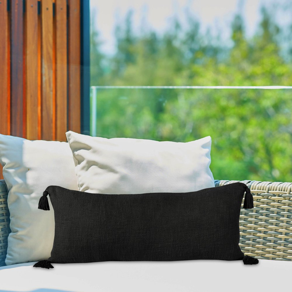 14" X 36" Black Lumbar Cotton Throw Pillow Cover