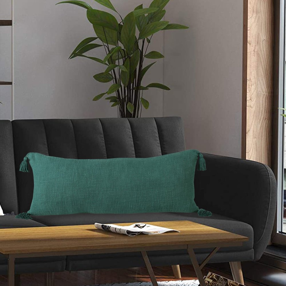 14" X 36" Green Lumbar Cotton Throw Pillow Cover