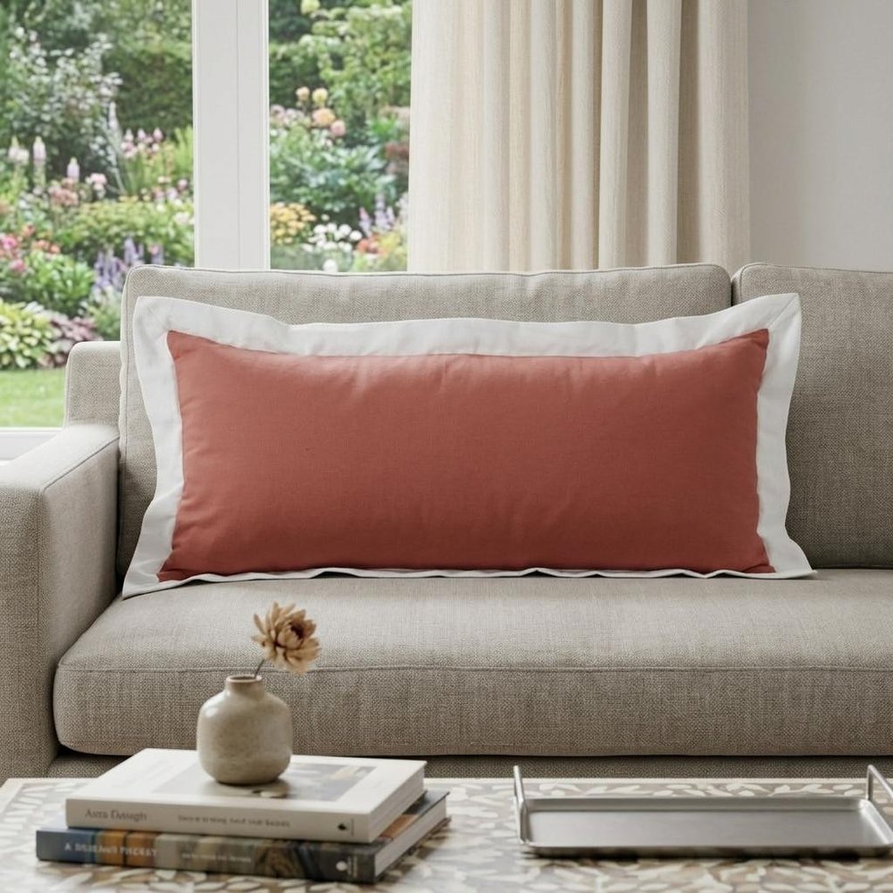 14" X 36" Coral And White Lumbar Color Block Cotton Throw Pillow Cover