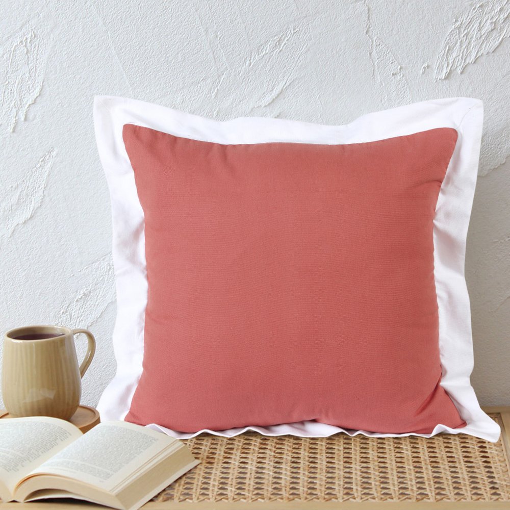 20" Pink And White Color Block Cotton Throw Pillow Cover