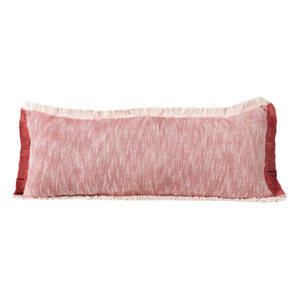 14" X 36" Red And White Lumbar Color Block Cotton Throw Pillow Cover with Fringe