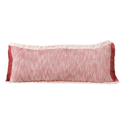 14" X 36" Red And White Lumbar Color Block Cotton Throw Pillow Cover with Fringe