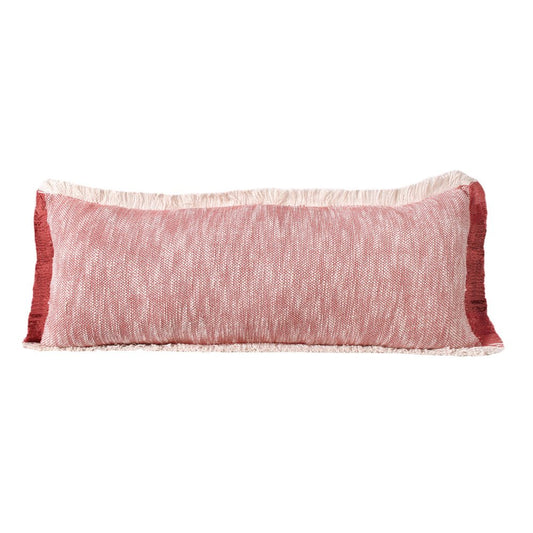 14" X 36" Red And White Lumbar Color Block Cotton Throw Pillow Cover with Fringe
