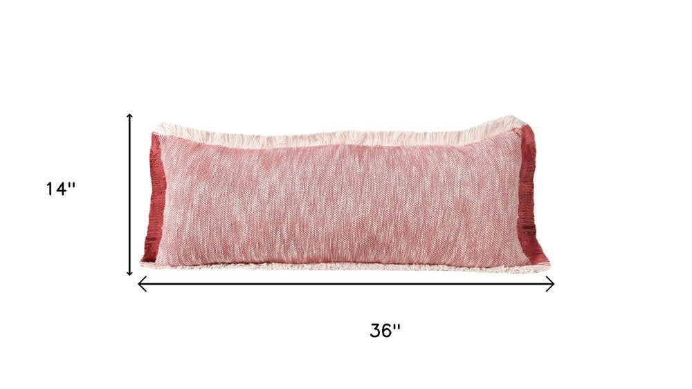 14" X 36" Red And White Lumbar Color Block Cotton Throw Pillow Cover with Fringe