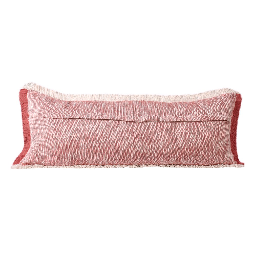 14" X 36" Red And White Lumbar Color Block Cotton Throw Pillow Cover with Fringe