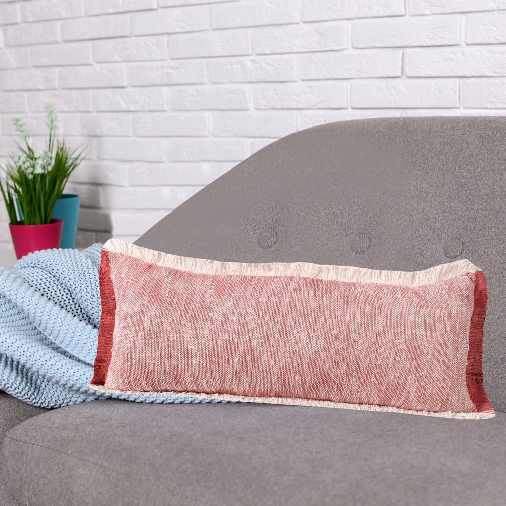 14" X 36" Red And White Lumbar Color Block Cotton Throw Pillow Cover