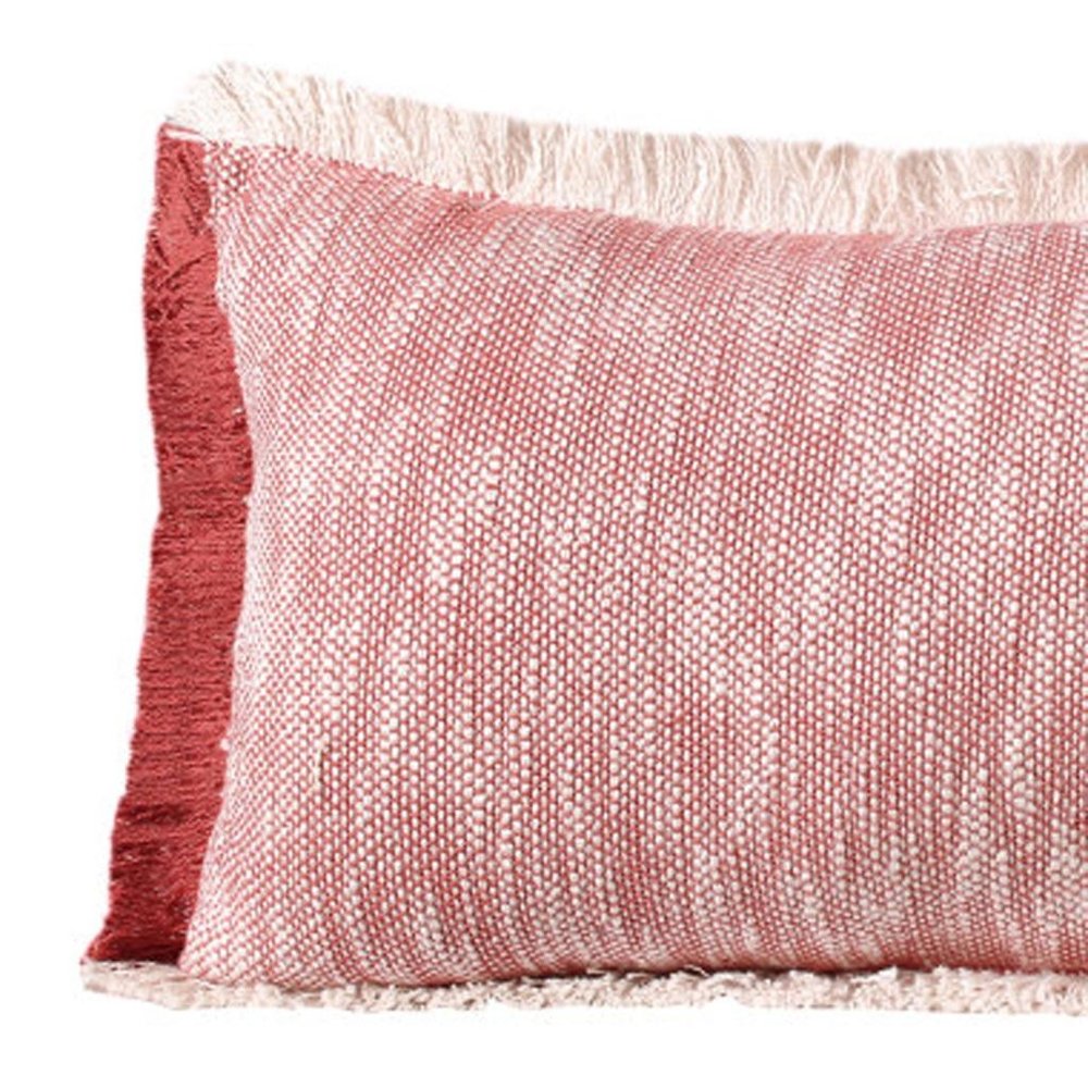 14" X 36" Red And White Lumbar Color Block Cotton Throw Pillow Cover with Fringe