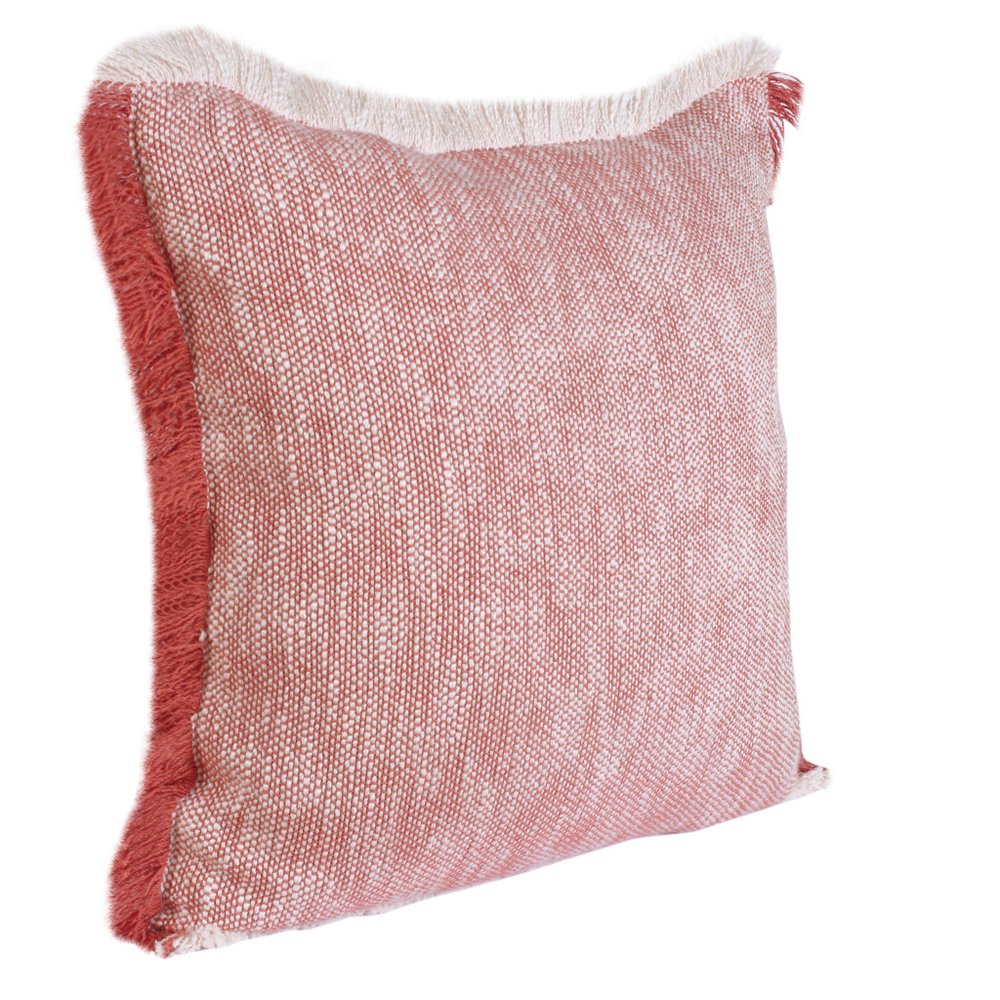 20" Red And White Color Block Cotton Throw Pillow Cover with Fringe
