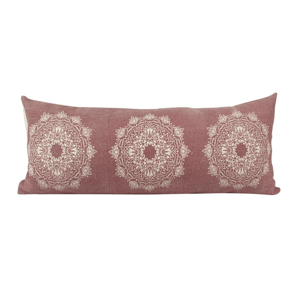 14" X 36" Dusty Rose And White Lumbar Medallion Cotton Throw Pillow Cover