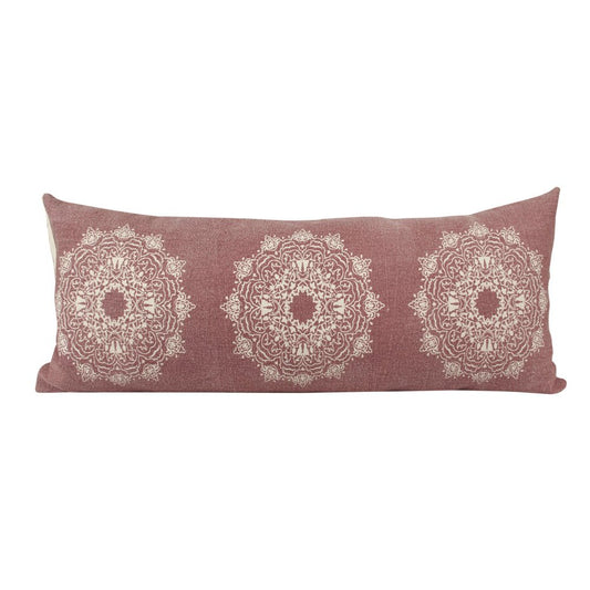 14" X 36" Dusty Rose And White Lumbar Medallion Cotton Throw Pillow Cover